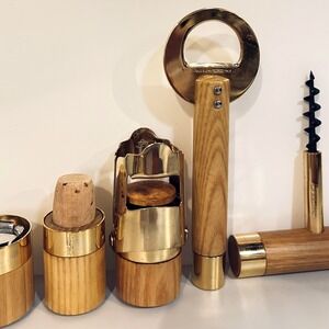 Vintage Scaroni Italy Gold Plated Bar Tool Set Wood Handles Boxed Artmova